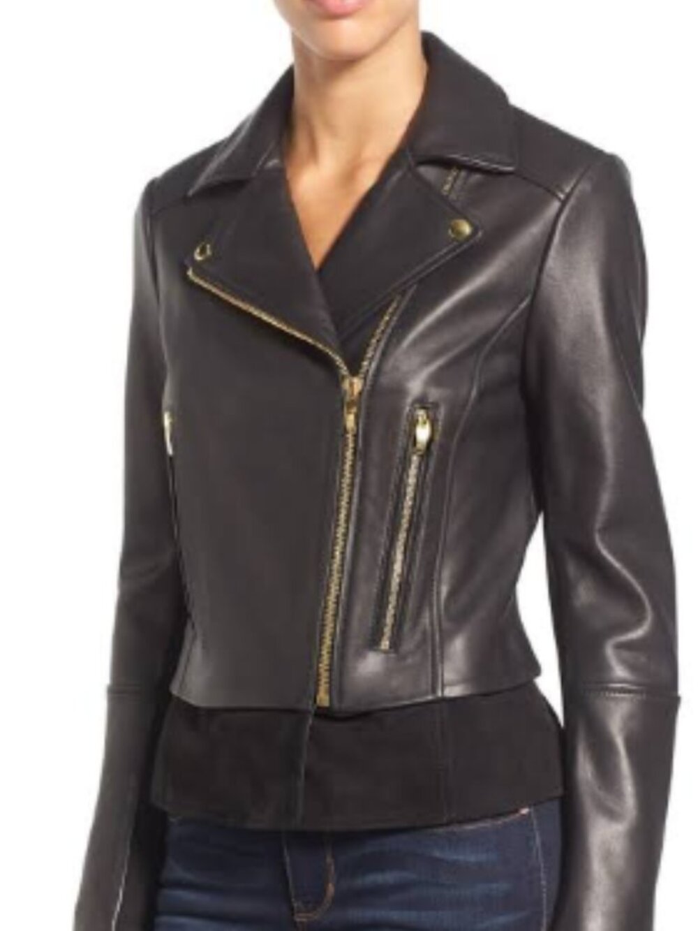 VIA SPIGA Black Leather Moto Jacket Gold Hardware Asymmetric Zip Petite Small PS